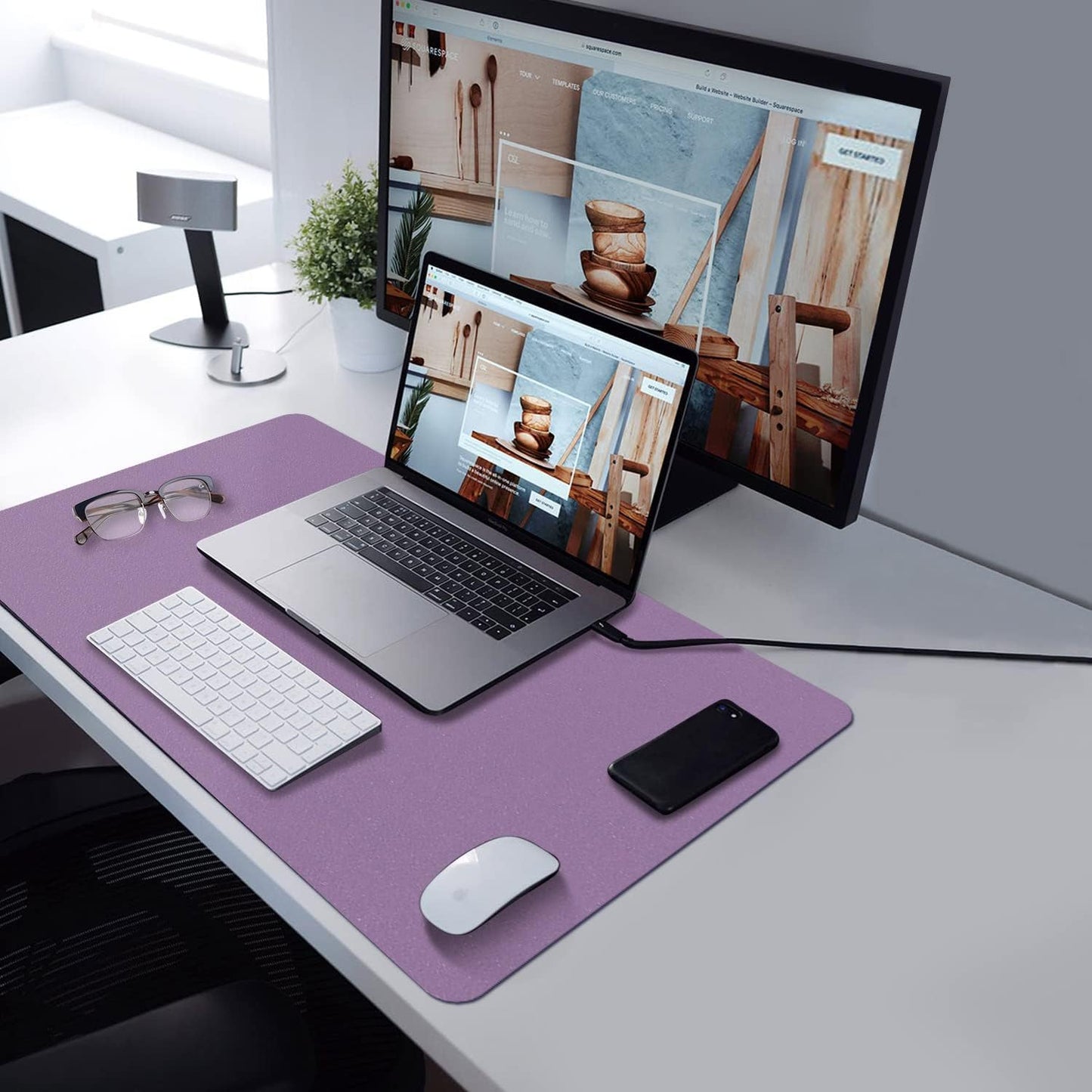 PU Leather Desk Pad with Suede Base, Multi-Color Non-Slip Mouse Pad, 24” X 14” Waterproof Desk Writing Mat, Large Desk Blotter Protector (Voilet)